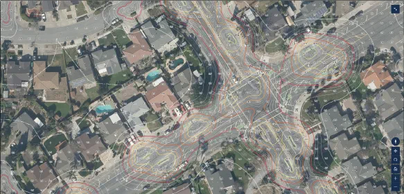 Ground photometrics: light levels rendered as points and contours across a street network